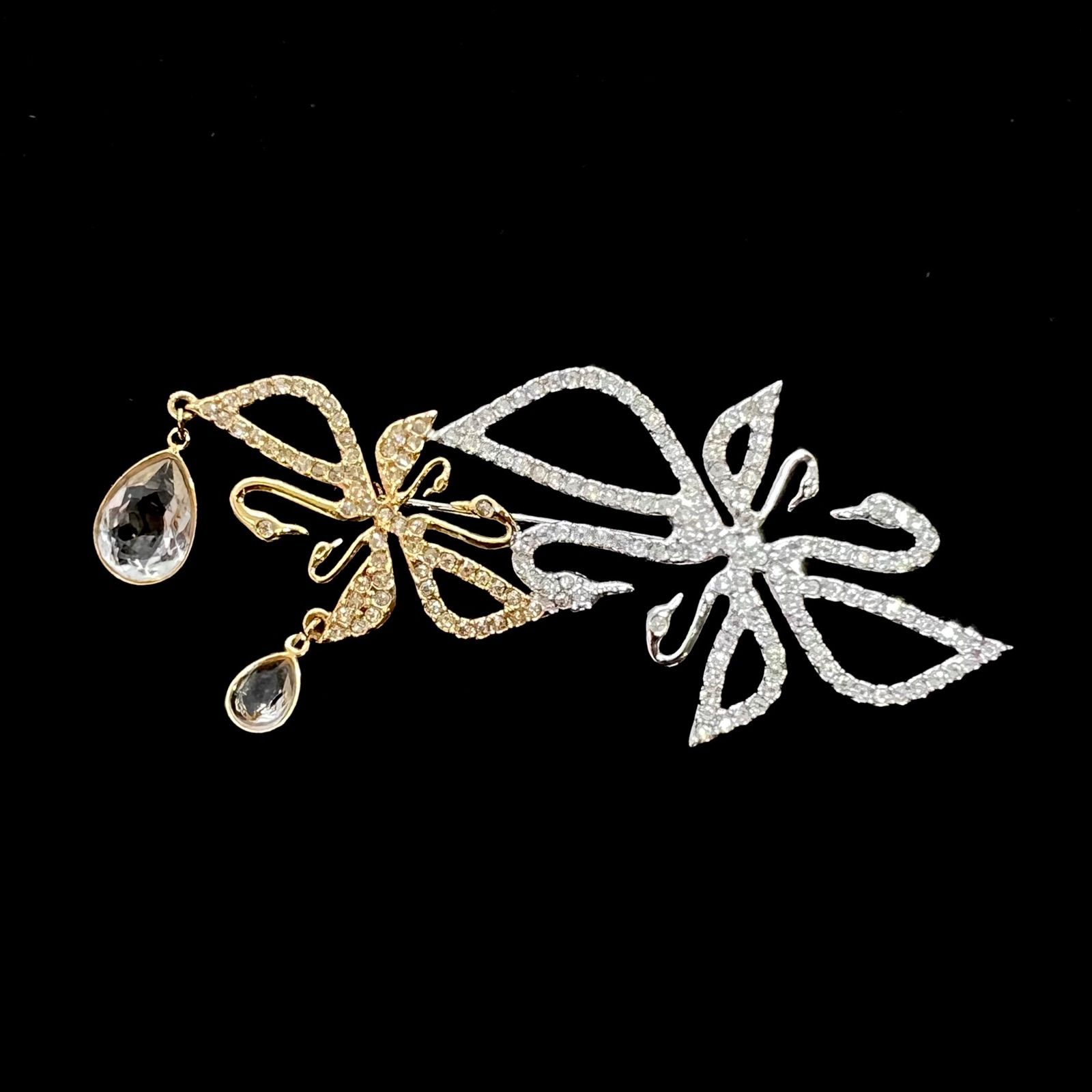 極美品★ SWAROVSKI スワロフスキー ブローチ スワン 白鳥 クリスタル ゴールド シルバー
