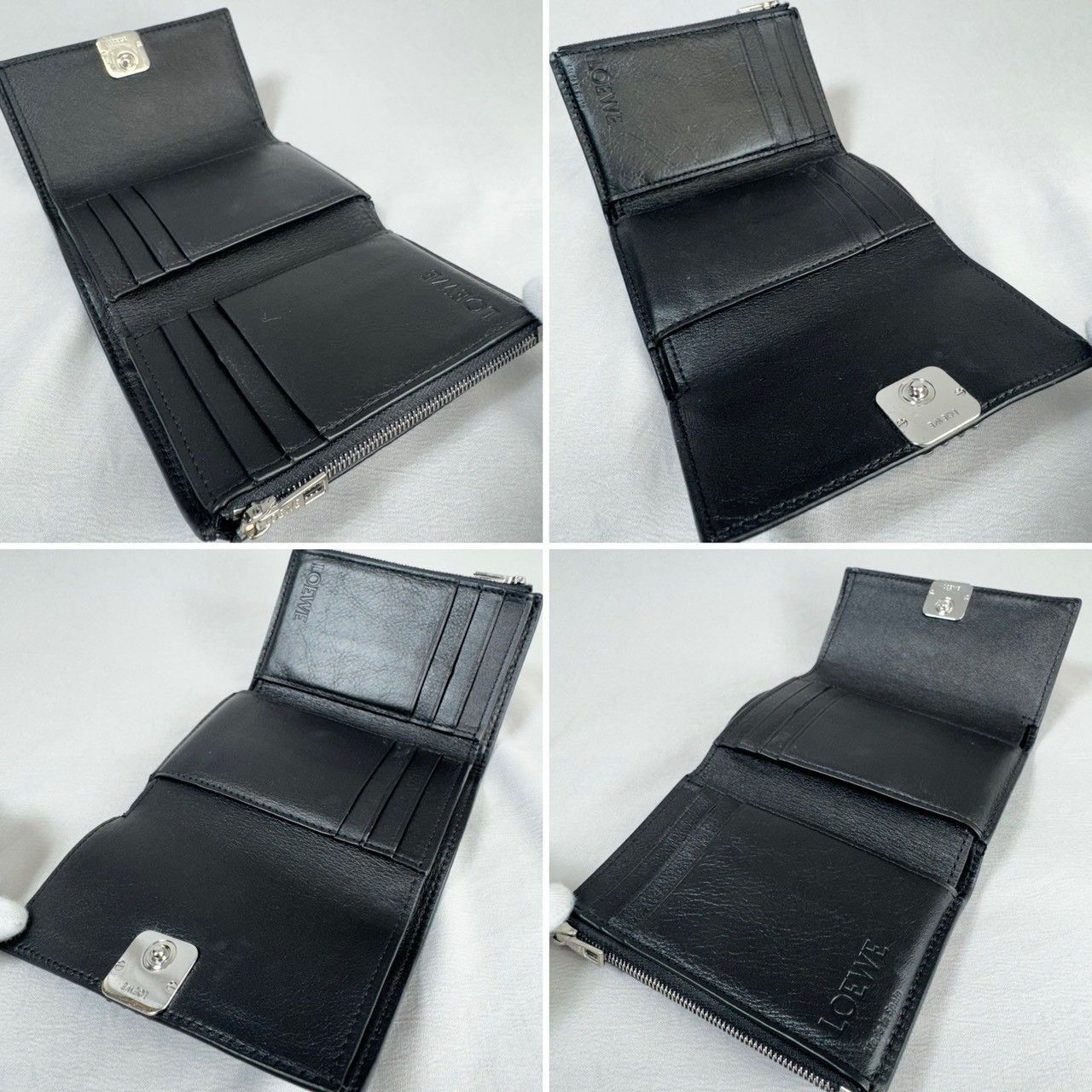 【美品】LOEWE ロエベ アナグラム トライフォールド コンパクト ジップ 三つ折り 財布 ブラック