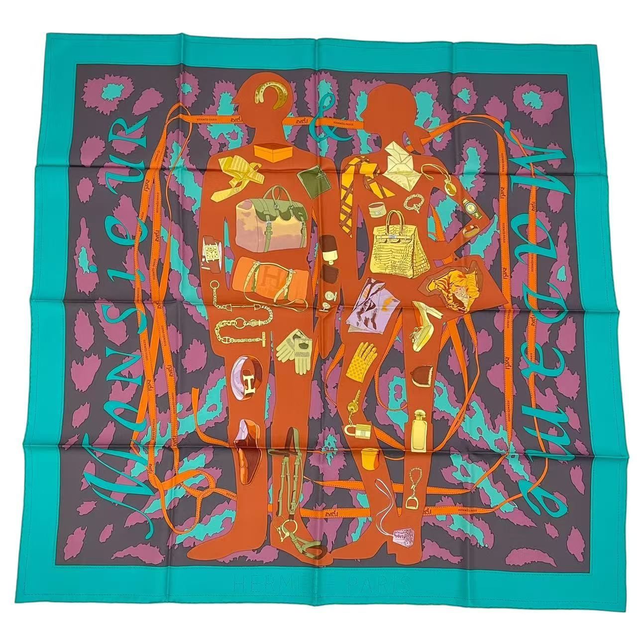 美品 HERMES エルメス カレ90 MONSIEUR ET MADAME 総柄 シルク スカーフ ブルー