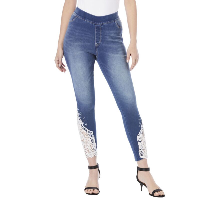 ロアマンズ レディース ボトムス デニムパンツ プラスサイズ レース Roamans Womens Plusize 360 Stretch Lace Applique Jean Medium Stonewash