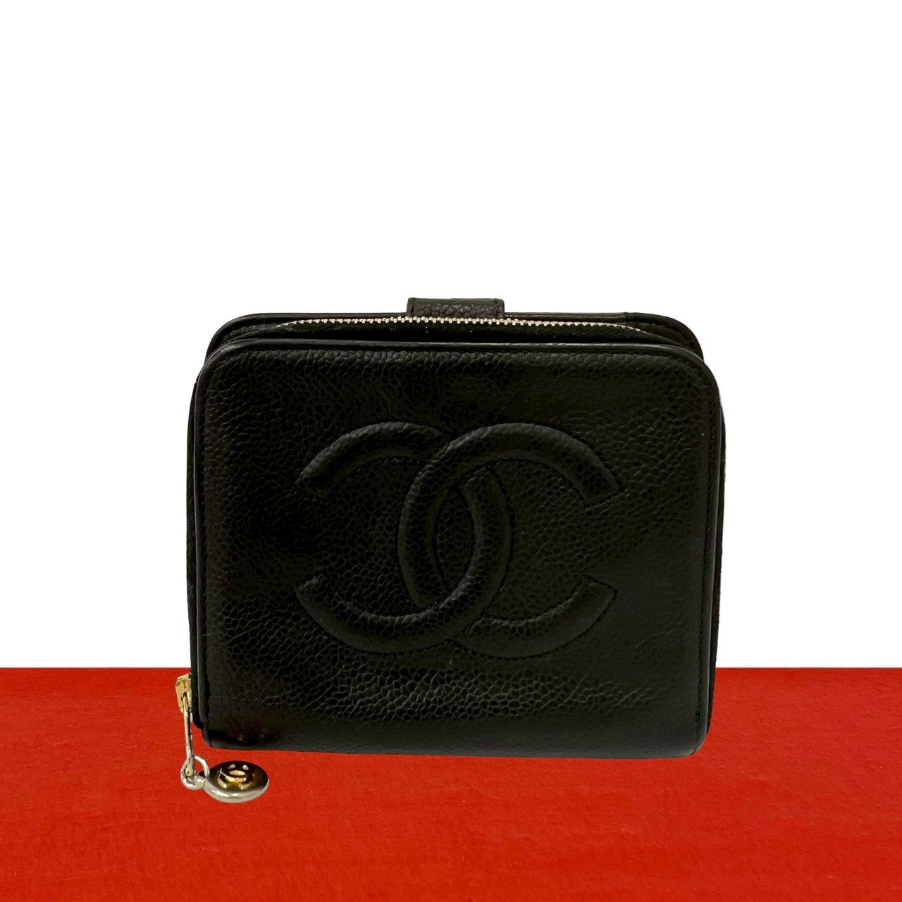 極 美品 シール有 5番台 CHANEL シャネル ココマーク ヴィンテージ キャビアスキン レザー 本革 二つ折り財布 ウォレット ブラック 24238