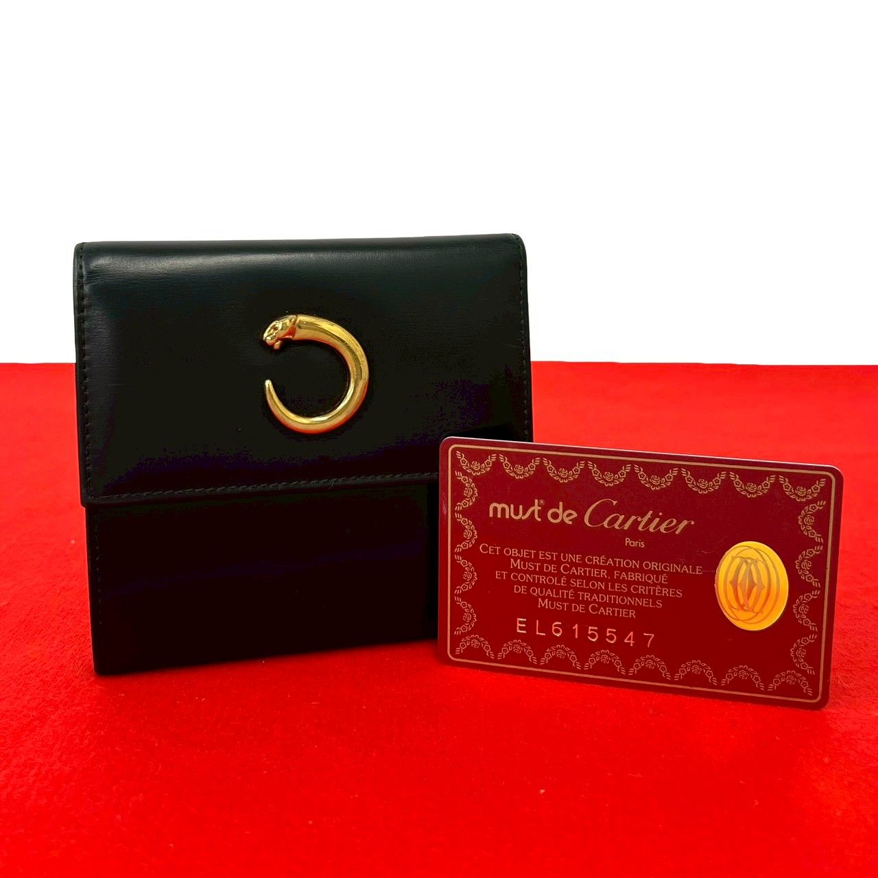 極 美品 CARTIER カルティエ ヴィンテージ パンサーライン レザー 本革 三つ折り財布 ウォレット 札入れ 小銭入れ ブラック 42105