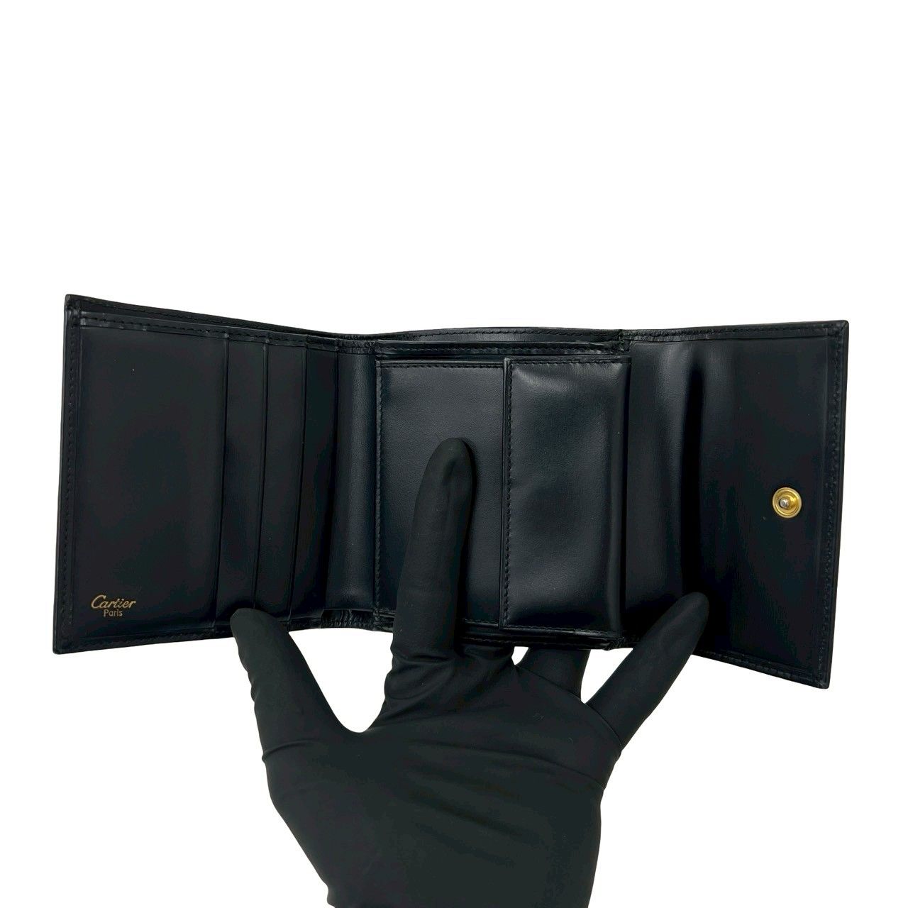 極 美品 CARTIER カルティエ ヴィンテージ パンサーライン レザー 本革 三つ折り財布 ウォレット 札入れ 小銭入れ ブラック 42105