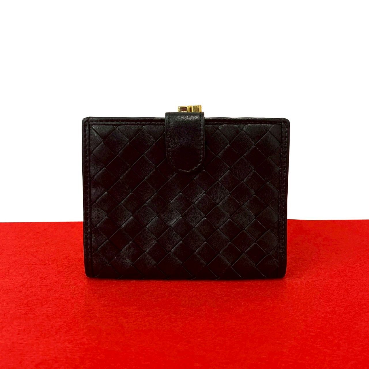 極 美品 BOTTEGA VENETA ボッテガヴェネタ ヴィンテージ イントレチャート レザー 本革 がま口 二つ折り財布 ウォレット ブラック 18775