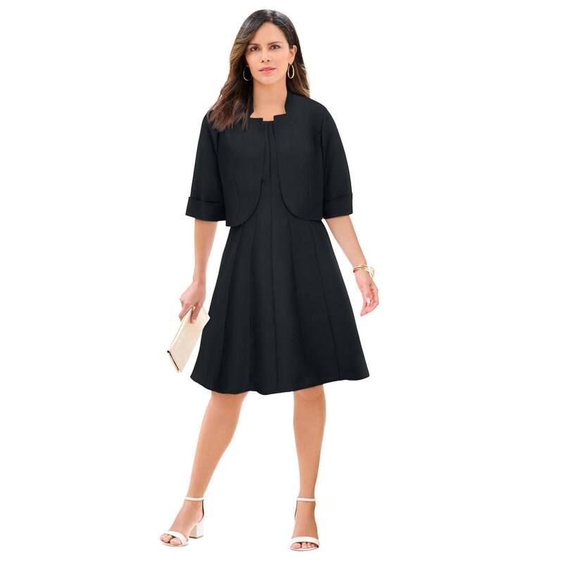 ロアマンズ レディース トップス ワンピース プラスサイズ ジャケット Roamans Womens Plusizelbow Sleeve FitAndFlare Dress With Bolero Jacket 2Piece Suit Black ブラック