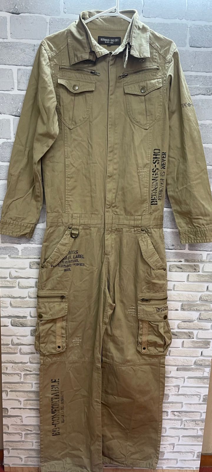 A【A4-04】◇BLACK LABEL BERNINGS-SHO 291 サイズM つなぎ　ベージュ　ダメージ加工
