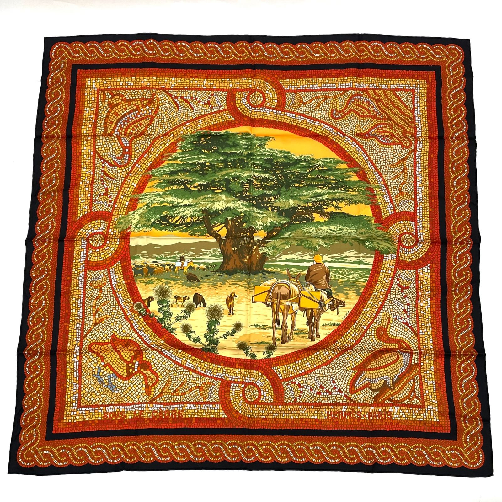 極美品 希少 HERMES エルメス カレ90 ヒマラヤ杉の下で SOUS LE CEDRE シルク スカーフ ブラウン