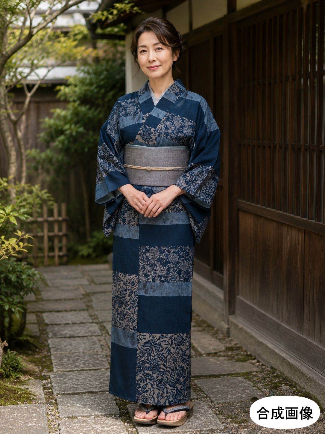 きもの蔵 ◆ 本藍染 木綿 型染め花唐草段文 単衣きもの［未着用］