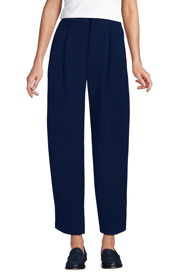 ランズエンド レディース ボトムス レギンス クレープリーツ パンツ アンクル Lands End Crepe High Rise Pleated Barreleg Ankle Pants Deep Sea Navy ネイビー