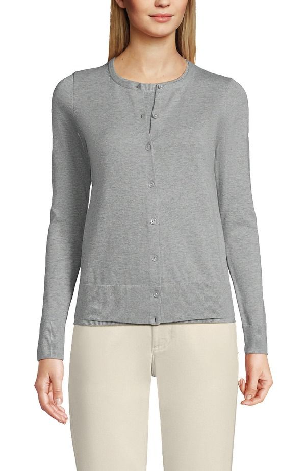 ランズエンド レディース アウター パーカー・スウェット セーター コットン カーディガン Lands End Fine Gauge Cotton Cardigan Sweater Gray Heather グレー