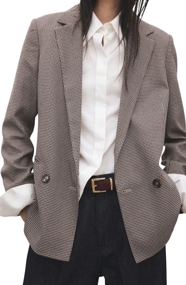 マンゴ レディース アウター ジャケット・ブルゾン ブレザー MANGO Houndstooth Microcheck Double Breasted Blazer Burgundy バーガンディ