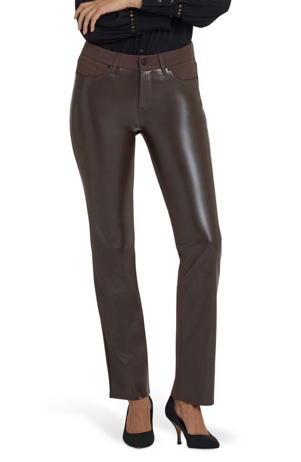 エヌワイディージェイ レディース ボトムス レギンストレート パンツ レザー フェイクレザー NYDJ Marilyn Straight Leg Mixed Media Faux Leather Pants Coffee Bean コーヒー