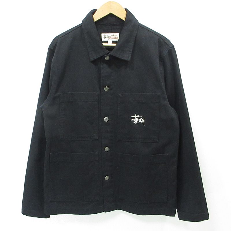 【三重本店】 中古 STUSSY | ステューシー Workgear ワークギア ロゴ刺繍チョアジャケット カバーオール ワークジャケット 115588 ブラック サイズ：S 【95】