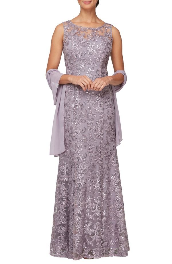 アレックスイブニングス レディース トップス ワンピースパンコール ノースリーブ Alex Eveningsequin Sleeveless Gown with Shawl Wisteria
