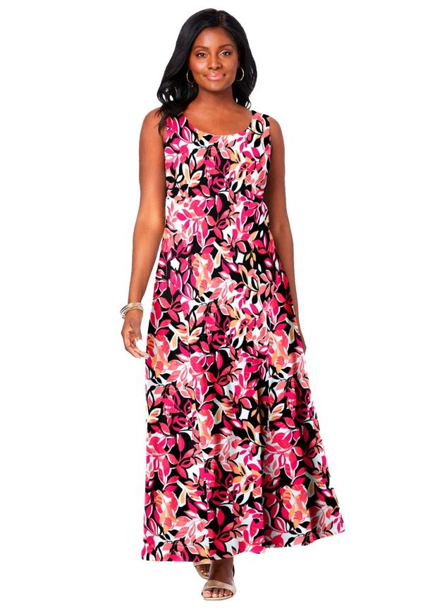 ジェシカロンドン レディース トップス ワンピース コットン マキシ Jessica London Stretch Cotton Tank Maxi Dress Tea Rose Graphic Leaves