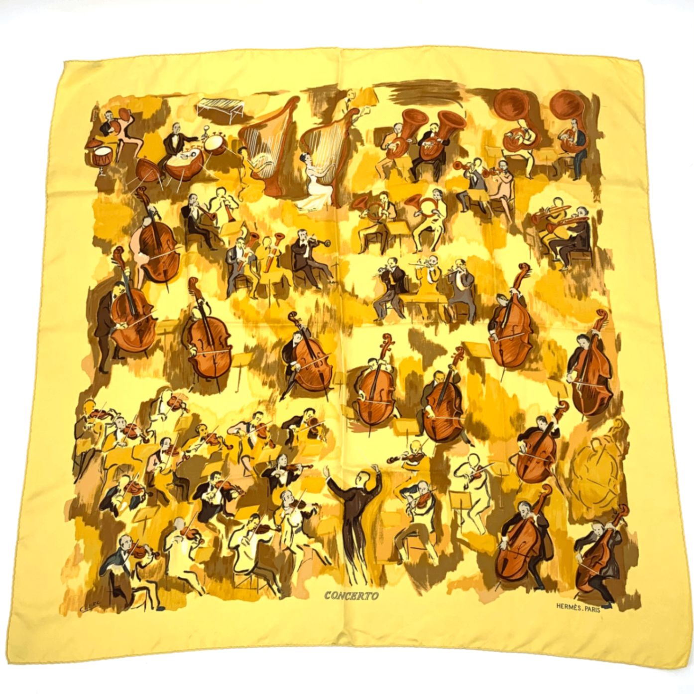 美品 HERMES エルメス カレ90 CONCERTO コンチェルト イエロー シルク100％ スカーフ