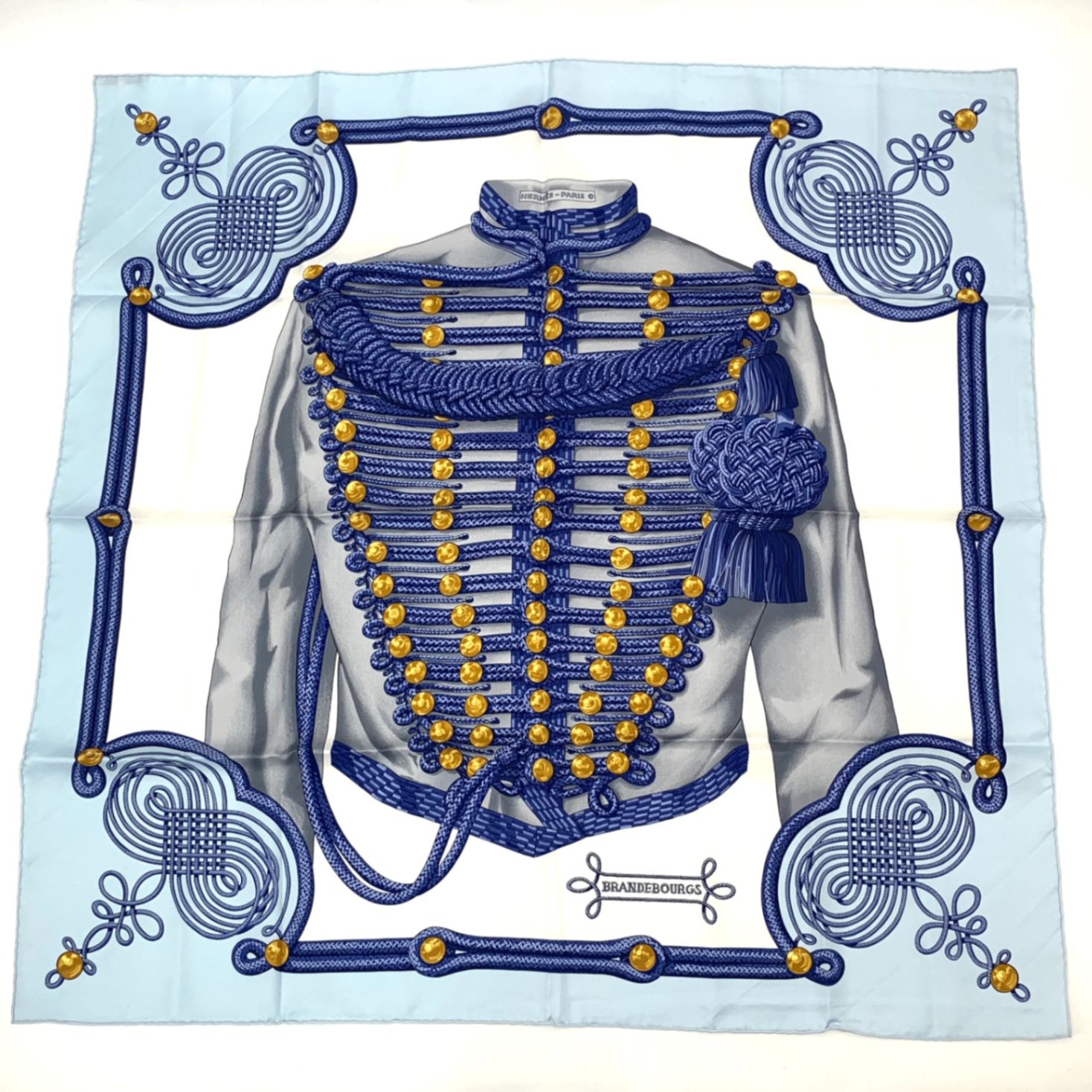 新品同様 HERMES エルメス カレ90 BRANDEBOURGS ブランデンブルク飾り スカーフ シルク ブルー