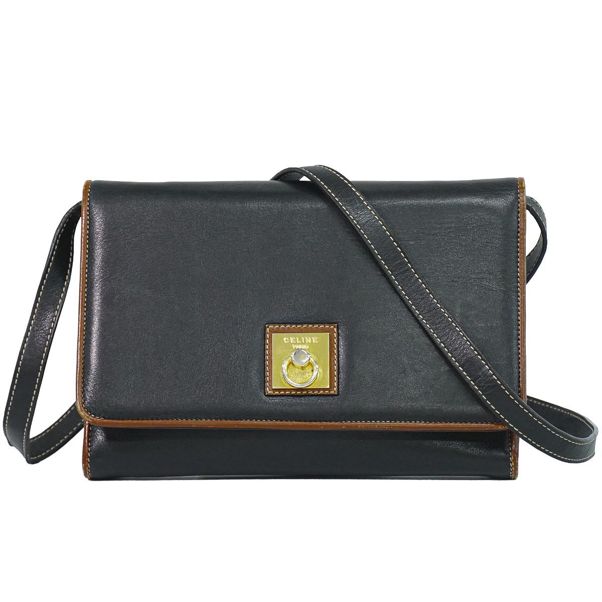 本物 セリーヌ CELINE レザー ショルダーバッグ ポシェット ブラック 