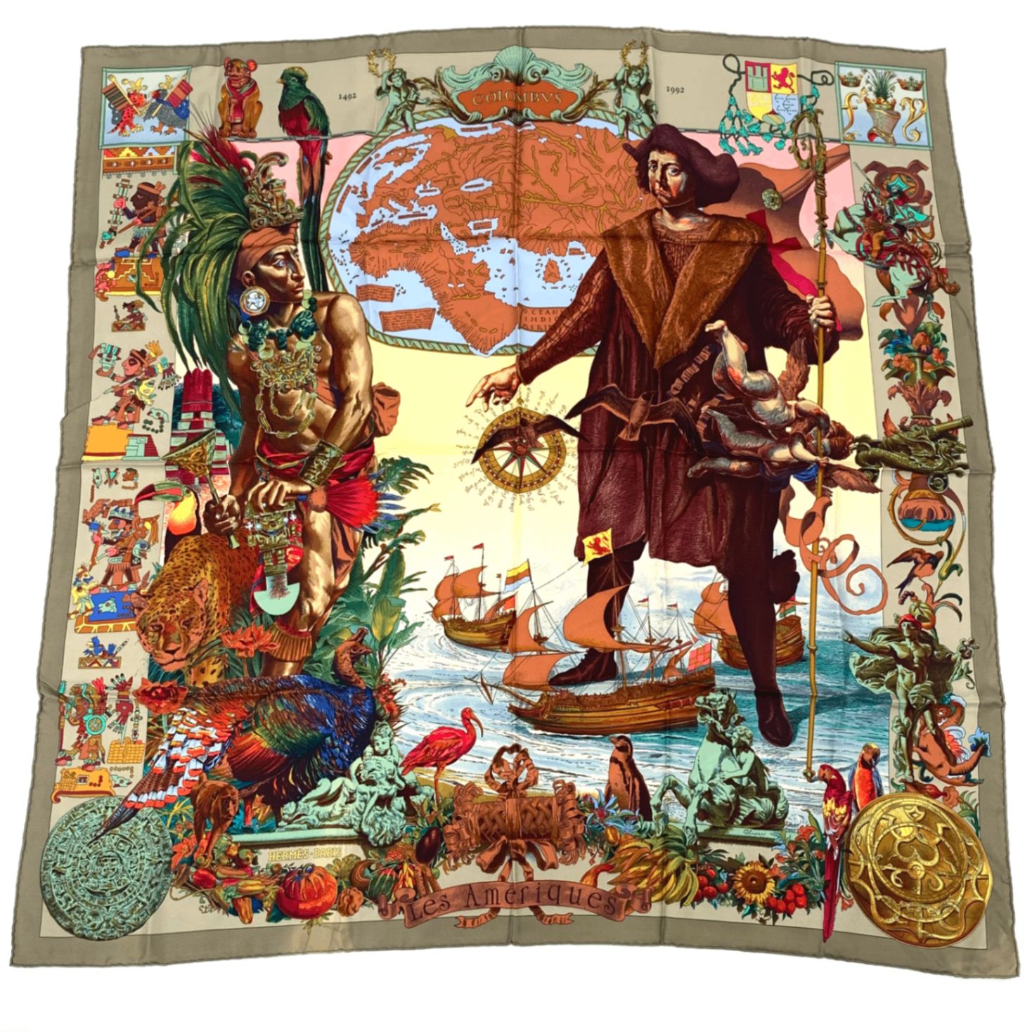 美品 HERMES エルメス カレ90 スカーフ Les Ameriques アメリカ大陸