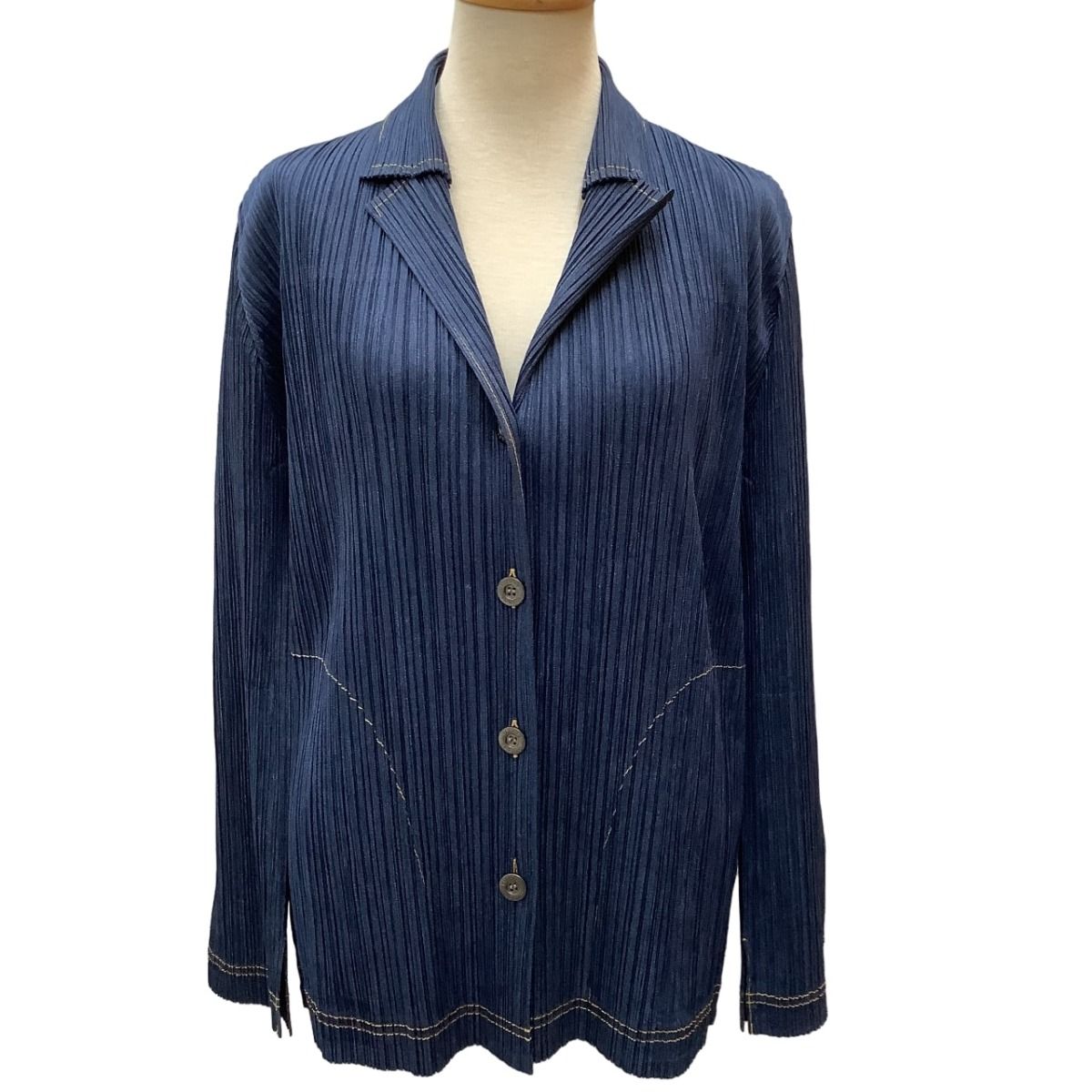 ♪♪ISSEY MIYAKE イッセイミヤケ PLEATS PLEASE デニム転写 ジャケット SIZE3 PP75-JD022 ネイビー