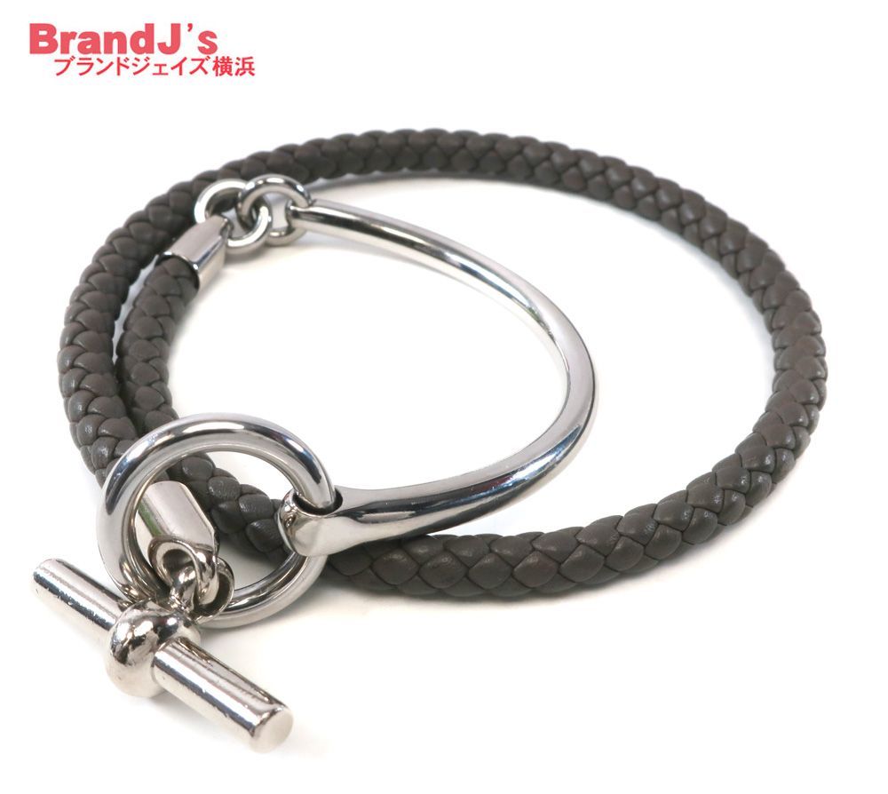 HERMES エルメス グレナン Hリンク ブレスレット レザー バングル グレー系 /34789