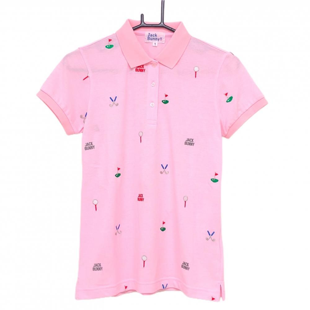 【未使用品】ジャックバニー 半袖ポロシャツ ピンク 刺しゅう総柄 レディース 1(M) ゴルフウェア Jack Bunny