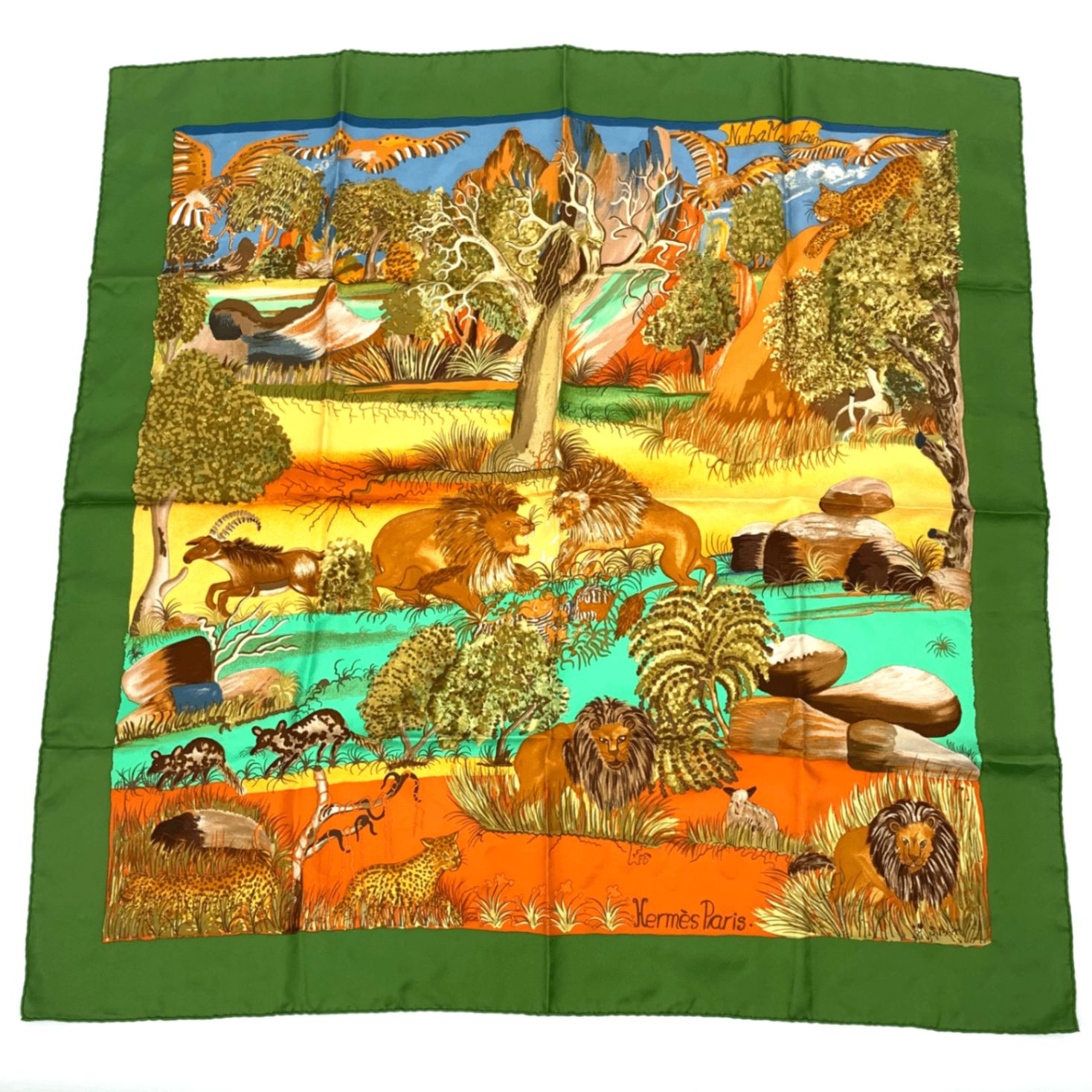 美品 HERMES エルメス カレ90 Nuba Mountain ヌバマウンテン スカーフ シルク100％ グリーン