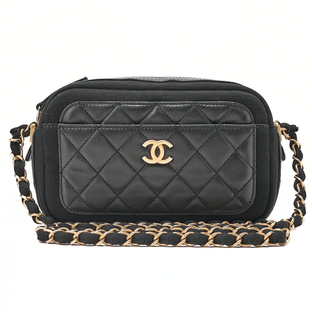 CHANEL シャネル 　ラムスキン×コットン　マトラッセ　ココマーク　ダブルチェーンショルダー　黒（ゴールド金具）【中古】【送料無料】