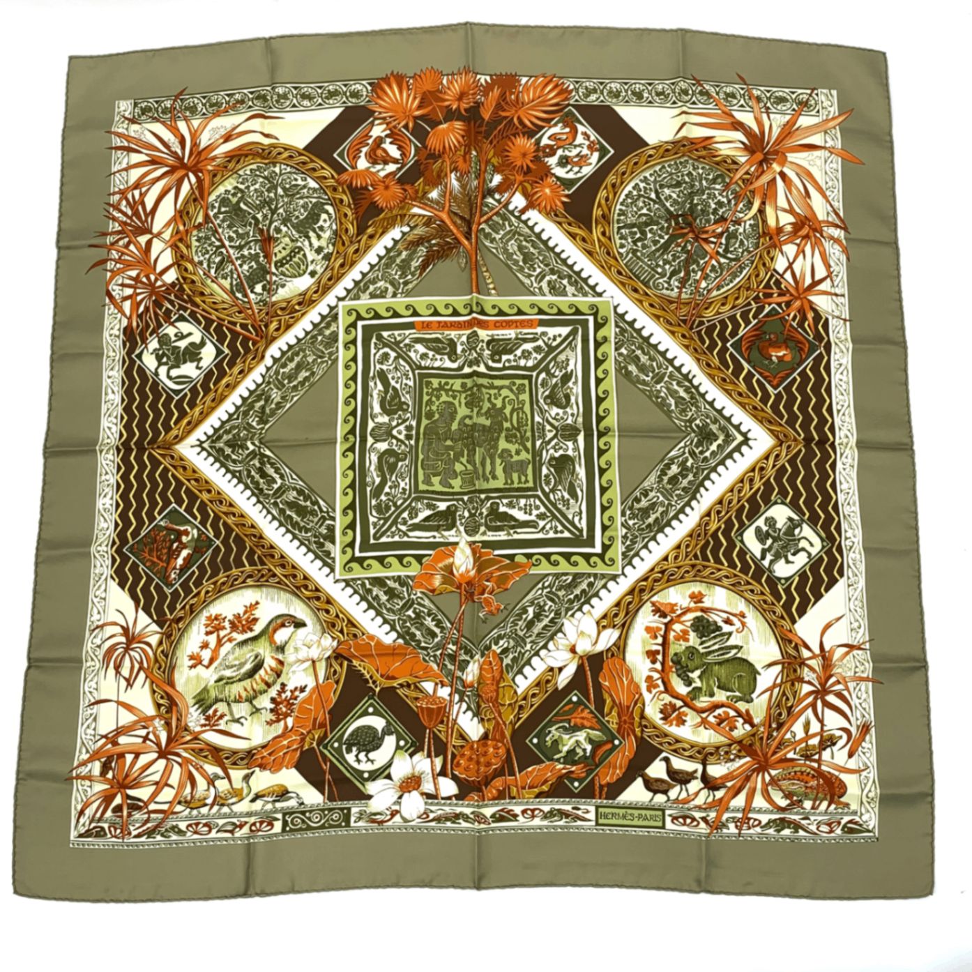 美品 HERMES エルメス カレ90 シルク スカーフ LE JARDIN DES COPTES コプトの庭 グリーン