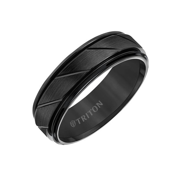 トリトン レディース アクセサリー 指輪 Triton 7MM Tungsten Carbide Ring with Diagonal Cut Center and Round Edge Black ブラック