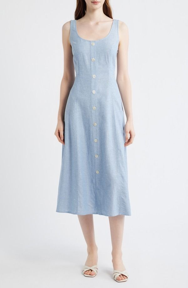 アンクライン レディース トップス ワンピース リネン Anne Klein Button Detailinen Blend Tank Dress Lagoon Crsp Wht