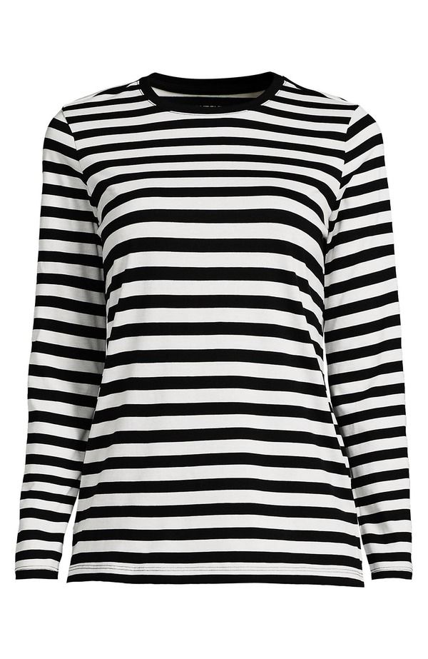 ランズエンド レディース トップス Tシャツ クルーネック コットン Lands End Supima Cotton Long Sleeve Crewneck TShirt Black Even Stripe ブラック