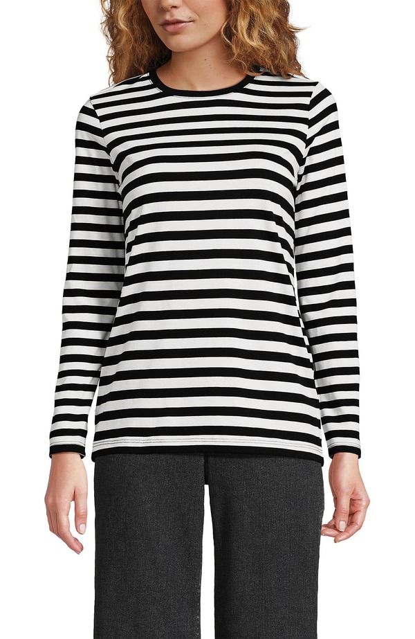 ランズエンド レディース トップス Tシャツ クルーネック コットン Lands End Supima Cotton Long Sleeve Crewneck TShirt Black Even Stripe ブラック