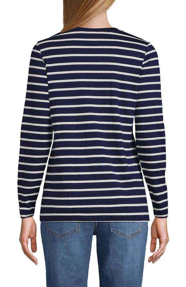 ランズエンド レディース トップス Tシャツ クルーネック コットン Lands End Supima Cotton Long Sleeve Crewneck TShirt Deep Sea Navy Breton Stripe ネイビー
