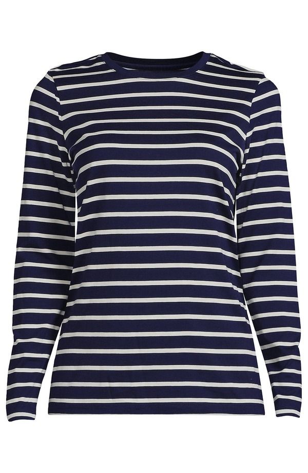 ランズエンド レディース トップス Tシャツ クルーネック コットン Lands End Supima Cotton Long Sleeve Crewneck TShirt Deep Sea Navy Breton Stripe ネイビー