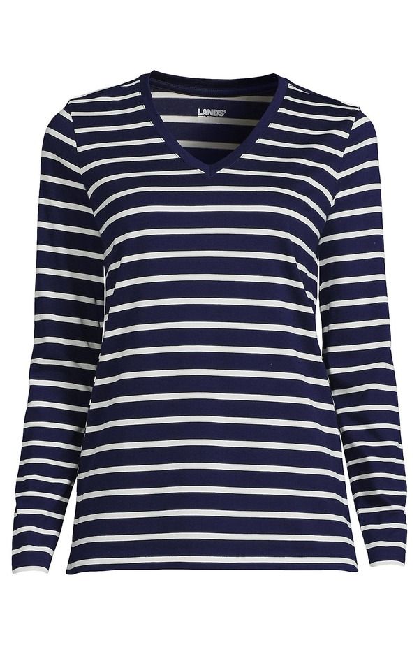 ランズエンド レディース トップス Tシャツ Vネック コットン Lands End Relaxed Supima Cotton Long Sleeve VNeck TShirt Deep Sea Navy Breton Stripe ネイビー