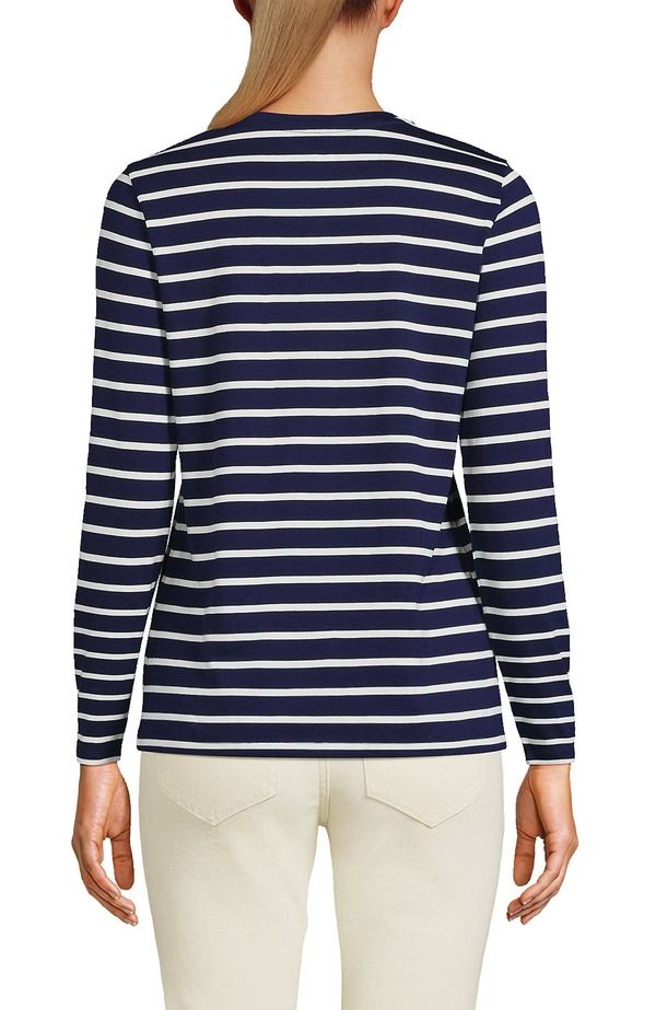 ランズエンド レディース トップス Tシャツ Vネック コットン Lands End Relaxed Supima Cotton Long Sleeve VNeck TShirt Deep Sea Navy Breton Stripe ネイビー