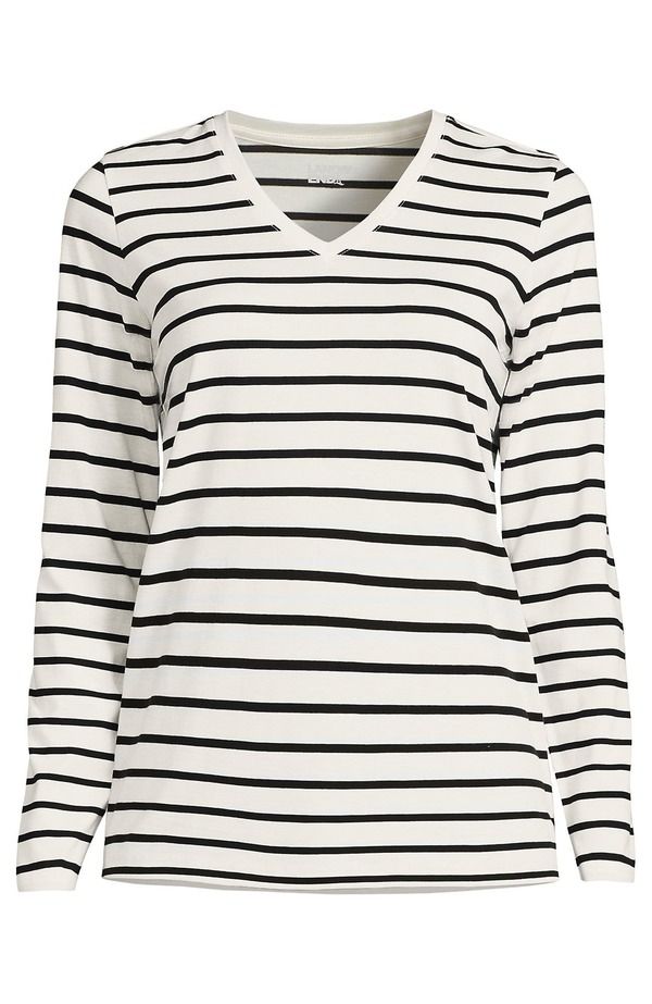 ランズエンド レディース トップス Tシャツ Vネック コットン Lands End Relaxed Supima Cotton Long Sleeve VNeck TShirt IvoryBlack Breton Stripe アイボリー