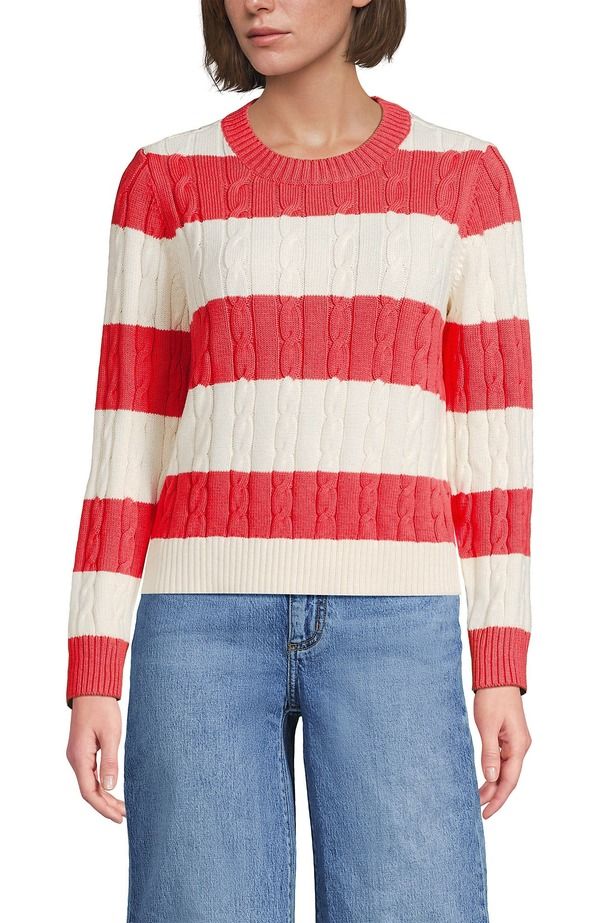 ランズエンド レディース アウター パーカー・スウェット クルーネック セーター コットン Lands End Cotton Cable Drifter Crewneck Sweater Dusk Sea CoralIvory Rugby アイボリー