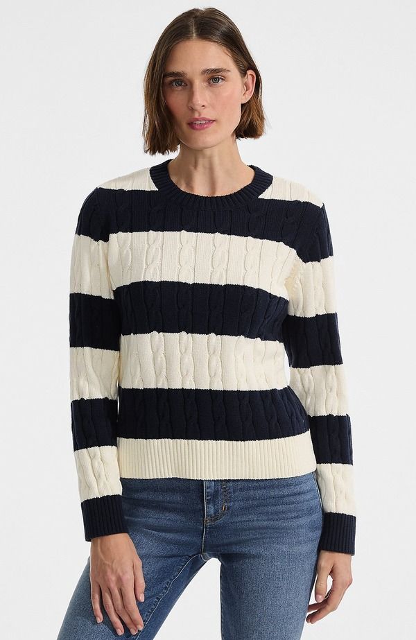 ランズエンド レディース アウター パーカー・スウェット クルーネック セーター コットン Lands End Cotton Cable Drifter Crewneck Sweater NavyIvory Rugby Stripe アイボリー