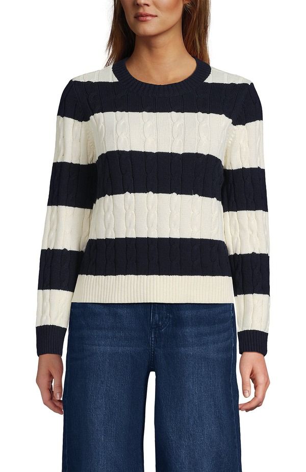 ランズエンド レディース アウター パーカー・スウェット クルーネック セーター コットン Lands End Cotton Cable Drifter Crewneck Sweater NavyIvory Rugby Stripe アイボリー ランズエンド レディース アウター パーカー・スウェット クルーネック セーター コットン Lands End Cotton Cable Drifter Crewneck Sweater NavyIvory Rugby Stripe アイボリー