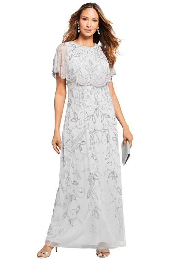 ロアマンズ レディース トップス ワンピース プラスサイズ キャップ ケープ マキシ Roamans Plusize Beaded Capelet Maxi Gown Glam Evening Dress Pearl Grey パール