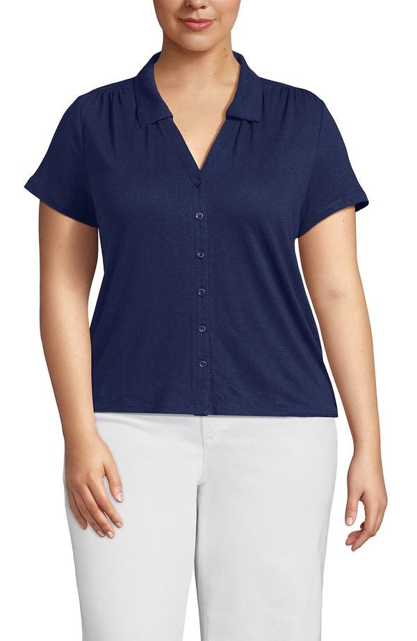 ランズエンド レディース トップス シャツ プラスサイズ リネン Lands End Plusize Linen Blend Short Sleeve Button Front Polo Top Deep Sea Navy ネイビー