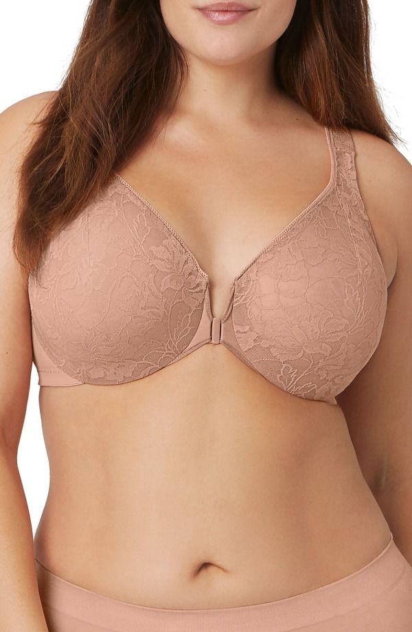 グラマライズ レディース アンダーウェア ブラジャー Glamorise WonderWire Front Close Lacy TBack Underwire Bra Cafe Au Lait