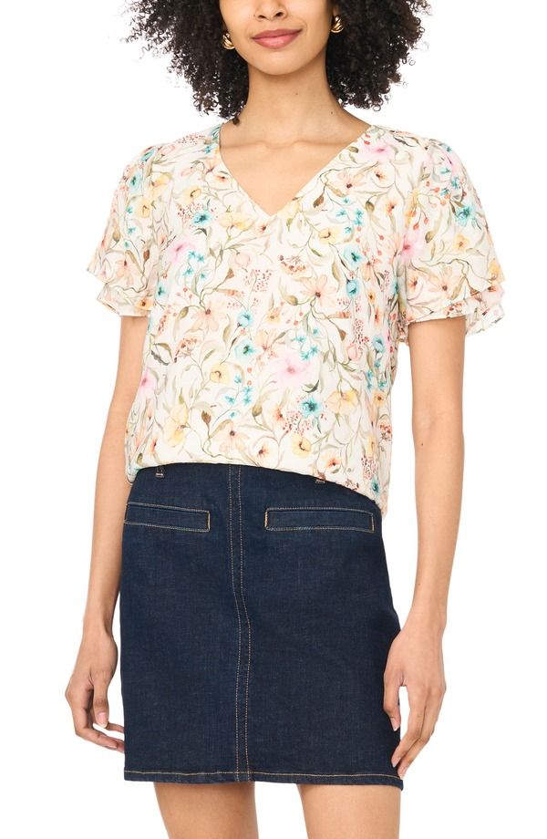 ヴィンスカムート レディース トップス シャツ プリント Vince Camuto Printulip Sleeve Top Antique White ホワイト