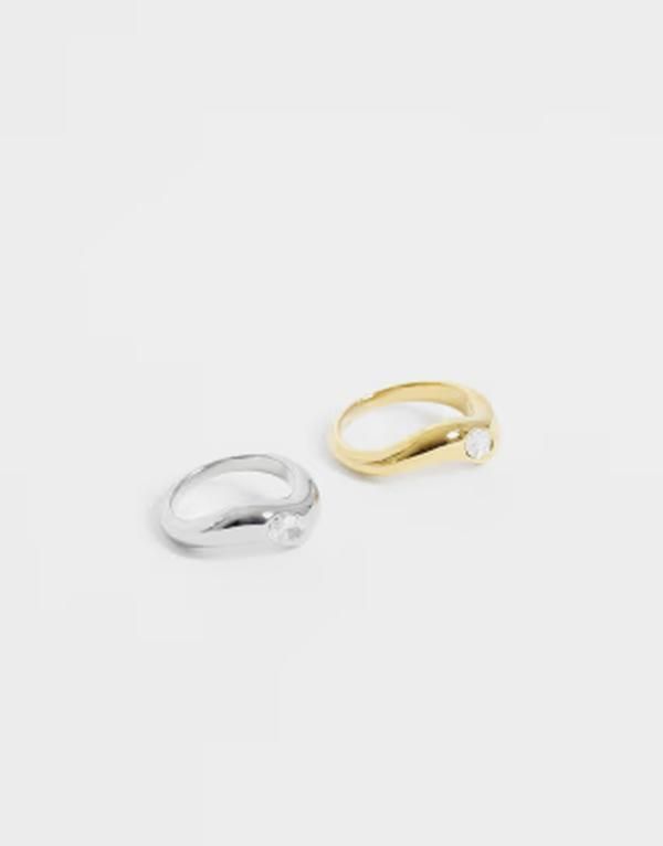エイソス レディース アクセサリー リング Tシャツ ASOS DESIGN pack of two stainlessteel stacking rings and silver tone GOLD ゴールド