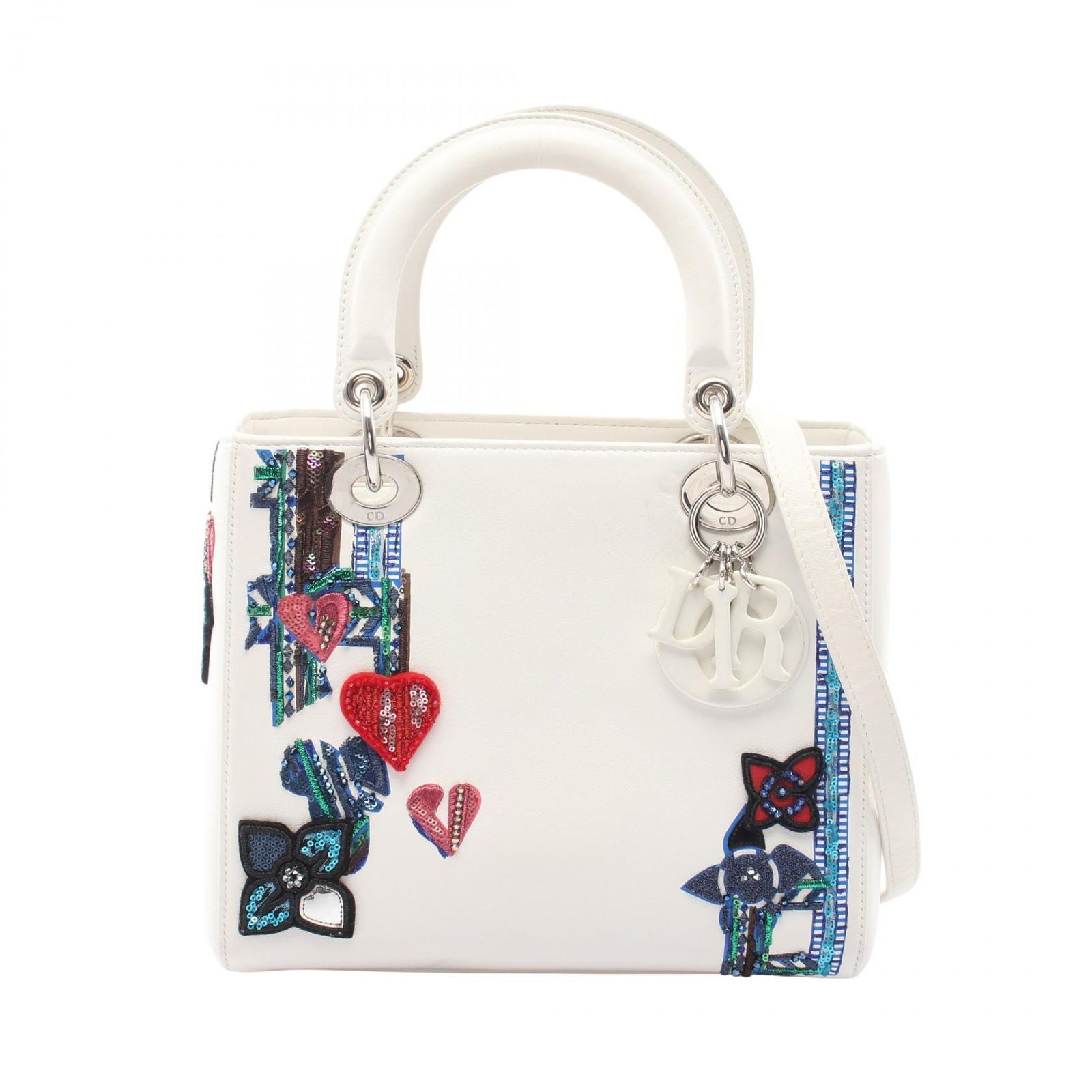 ディオール Dior ハンドバッグ LADY DIOR レディディオール スパンコール刺繍パッチ 2WAY ホワイト/マルチ レザー レディディオール 2wayトート ミディアム レディース