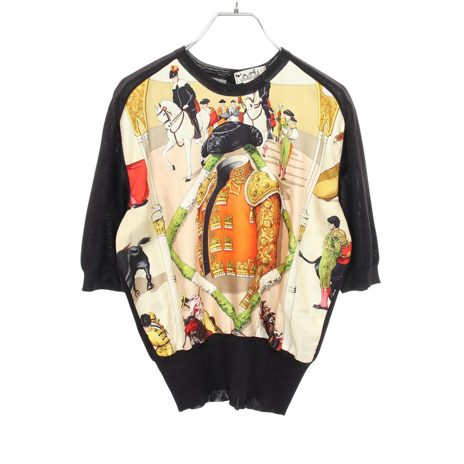 エルメス HERMES ニット PLAZA DE TOROS 切替 半袖 シルク ニット レディース Used C
