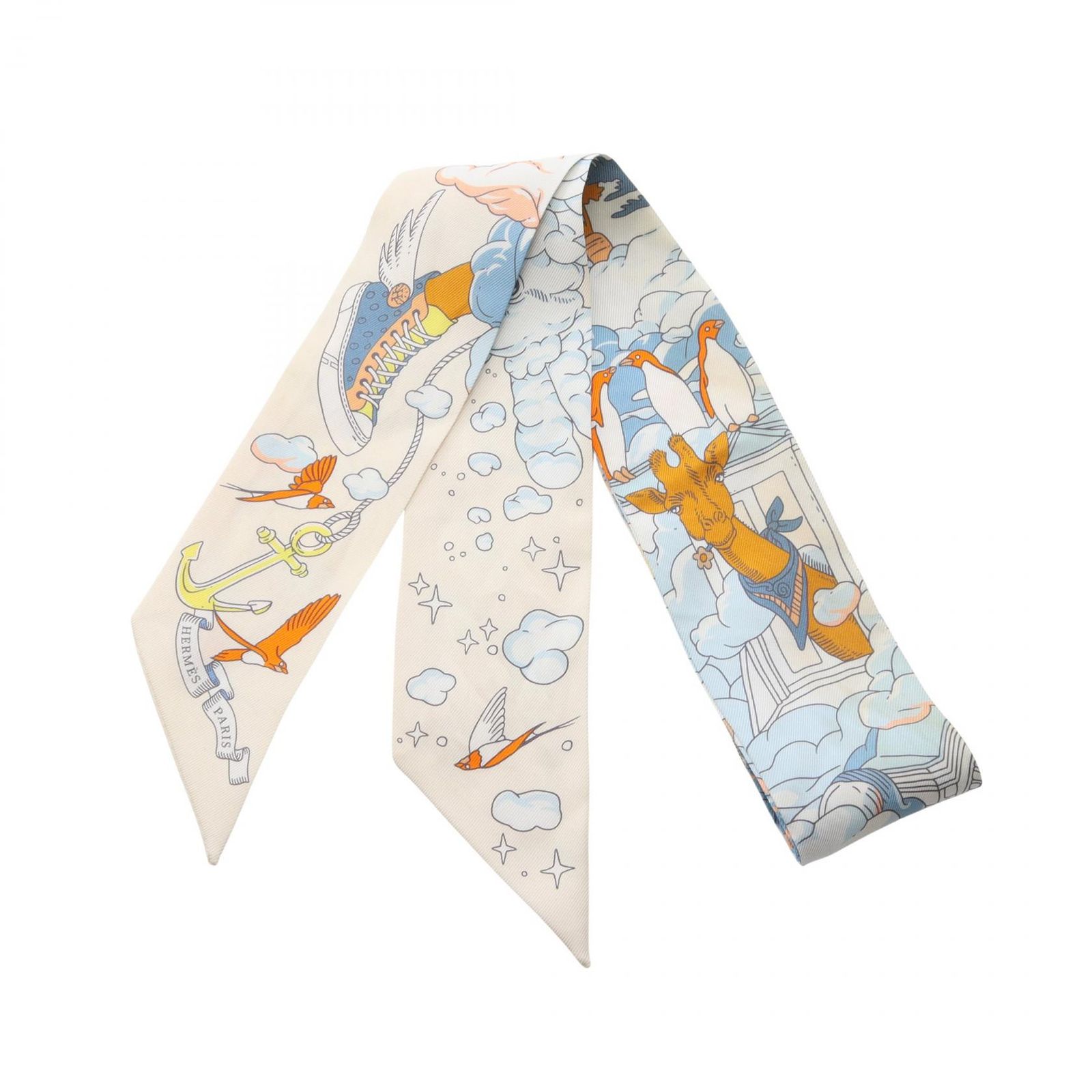 エルメス HERMES スカーフ ツイリー Sur Mon Nuage リボン 水色/白 シルク ツイリー レディース Used B