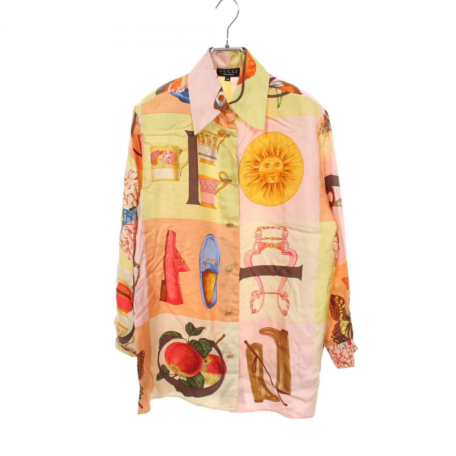 グッチ GUCCI 総柄 長袖 シルク シャツ レディース Used B
